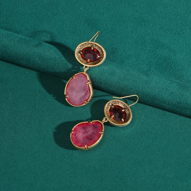 Винтажные овальные розовые красные серьги из натурального камня с подвеской в
