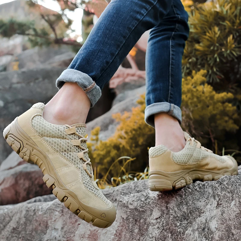 JIEMIAO Outdoor Men Trekking Hiking Shoes Mesh Breathable Trail Sneakers Mountain Climbing Shoes Desert Training Army Boots