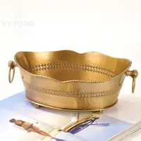 Handmade brass pure copper double ear lace fruit tray with handle artistic home receptacle decoration tray snack candy tray