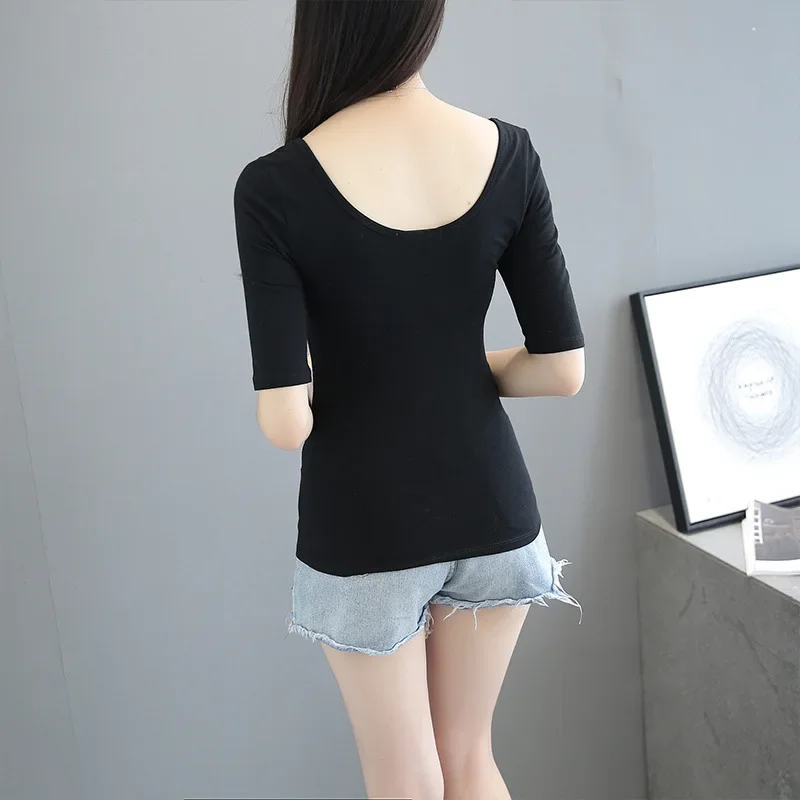Лето 2024 женская футболка с низким вырезом двойной вырез средний рукав базовый