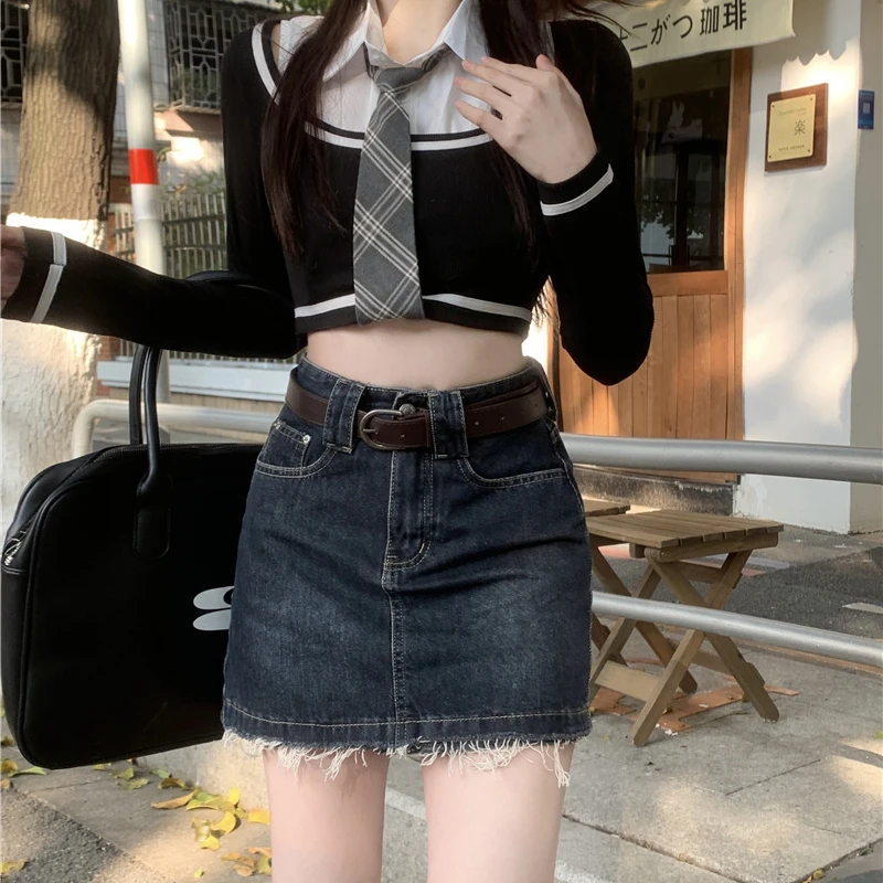 

~ Студенческая джинсовая юбка BADAWEN для женщин на раннюю весну, новая стильная юбка с высокой талией, короткая мини-юбка