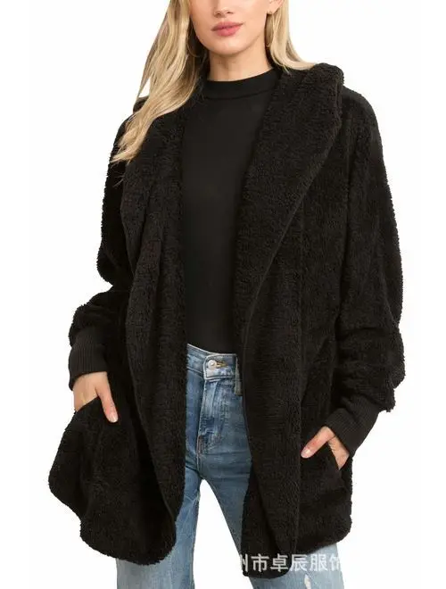 

Women's fashionable long sleeved hooded plush cardigan, fluffy and enlarged with pockets, autumn and winter long women's sweater