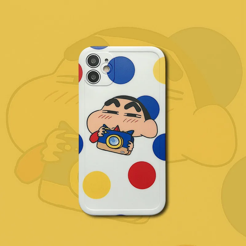 

BANDAI Slim TPU Cute Crayon Shin-chan Phone Cases For iPhone 11/12 Pro Max Xr 7/8 Plus Xs Max Colorful Dot White Shell Cover