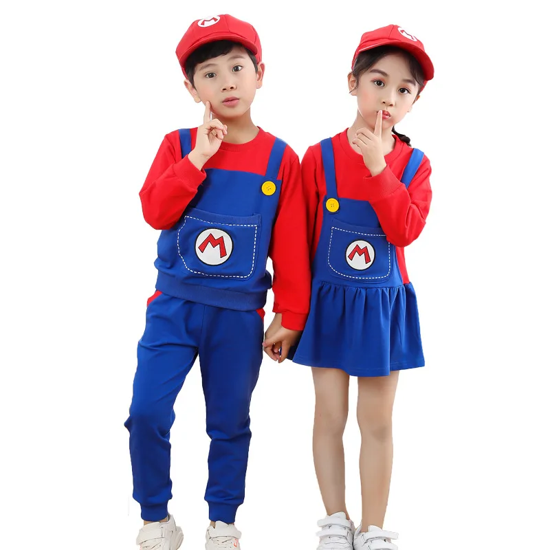 

Game Super Luigi Bros Cosplay Costume Kids Boys Top Pants Girls Dress Hat Suit Halloween Outfit Uniform Party