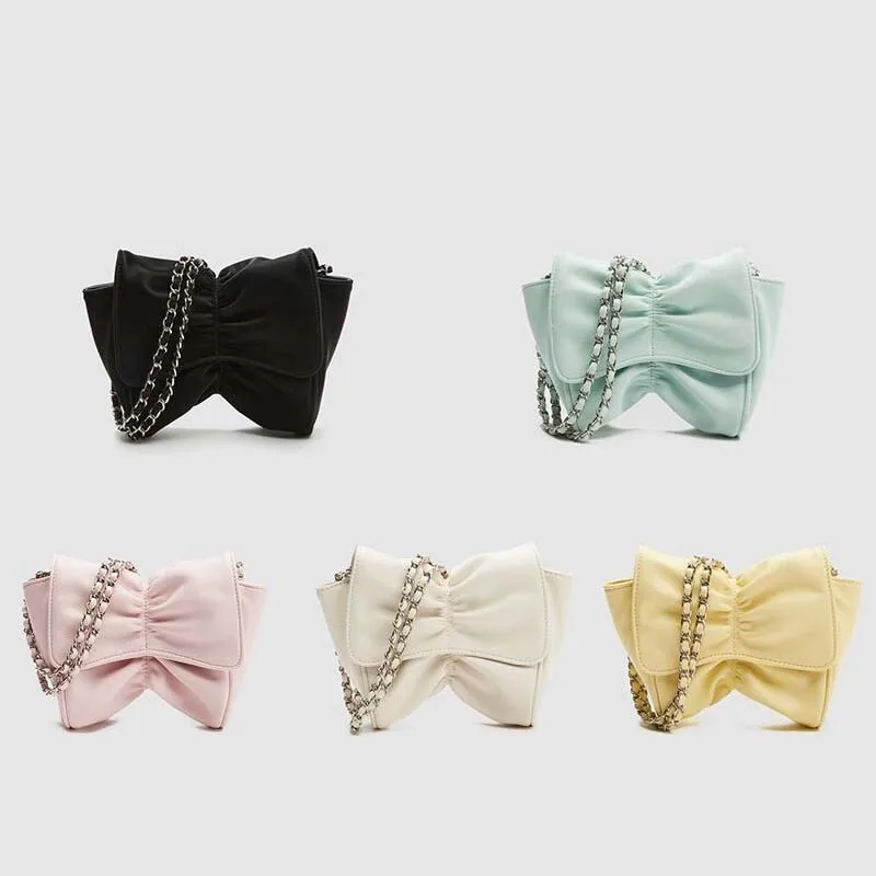 

Spring New Bow Pu Chain Small Square Bag Casual Shoulder Bag Candy Color Girly Pleated Bag Niche Design Messenger Bag Y2K