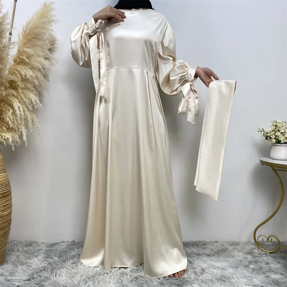 Fashionable and Minimalist Solid Satin Lace Up Sleeves Elegant Dress Muslim Women's Dress Muslim Maximum Dresses for Women