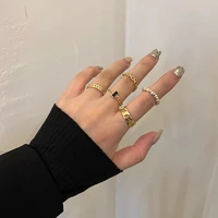 korean metal chain pearl ring set for women men hollow geometric bowknot beads chain finger rings punk hip hop party jewelry