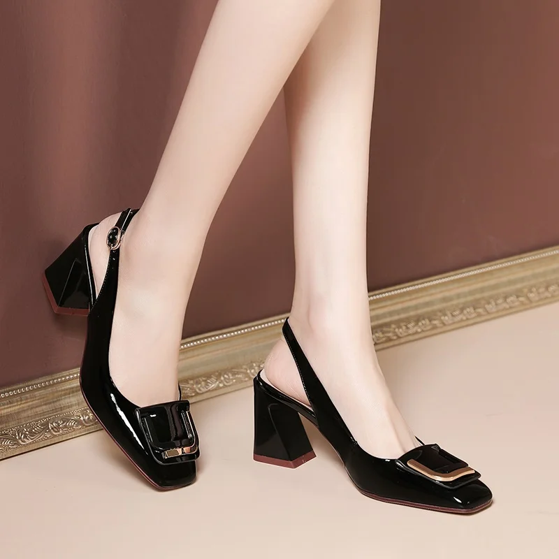 cut-outs open toe summer sexy high heel shoes woman sandals female buckle party shoes ladies leather beach sandals black mules