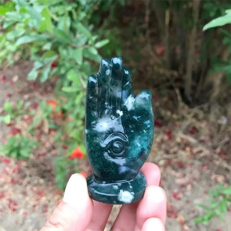 

1PC Natural Moss Agate Palm Eye Statue Crystals Crafts Reiki Gemstones Carving Figurines Healing Home Decoration