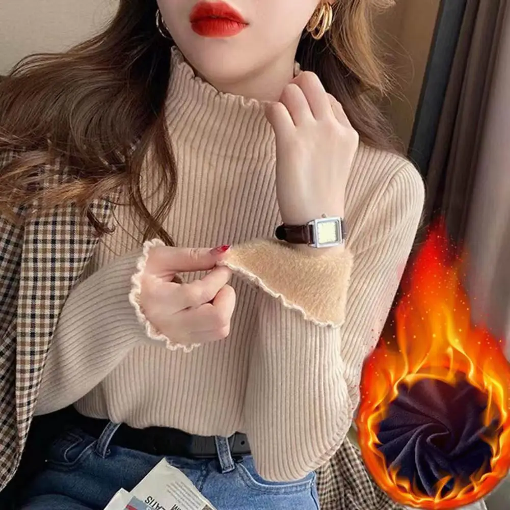 

Autumn Winter New Threaded Half High Collar Pullovers Tshirt Loose Causal Thickened Bottoming Shirt Blouse Long-sleeved Tops