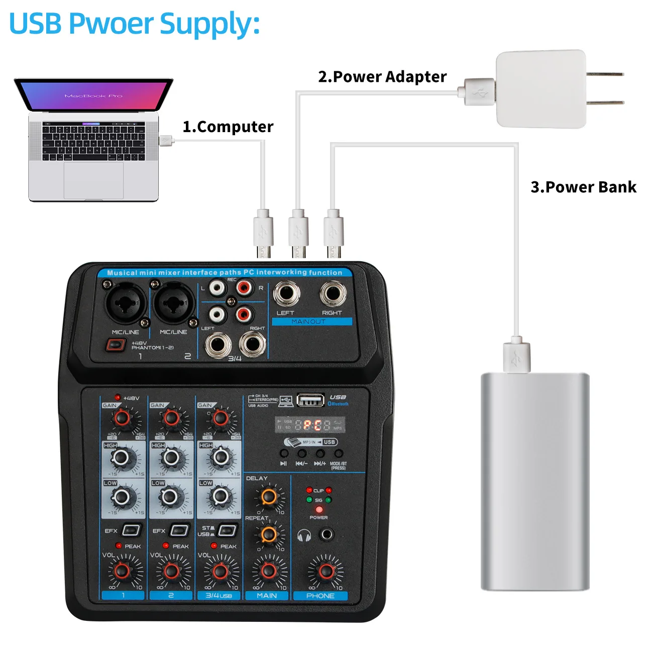 

4 Channels Audio Mixer Small Mixing Desk Small Stage Karaoke with USB Reverb Effect Bluetooth DJ Speaker Mixing Desk Digital
