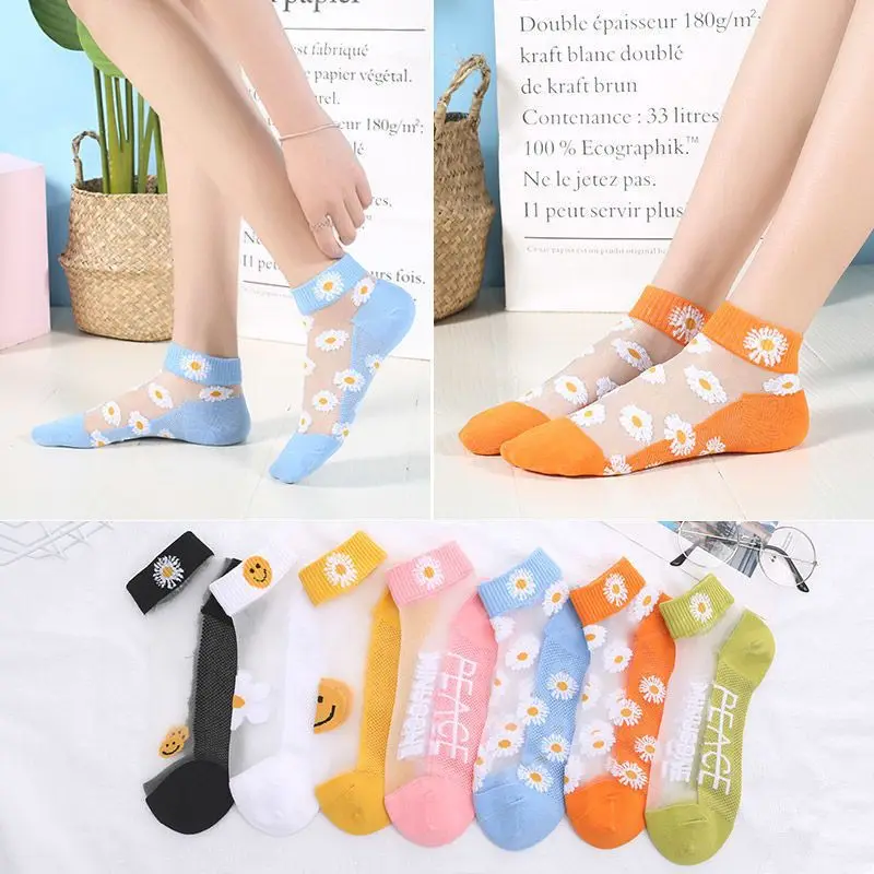 

10 pairs of small daisies ice silk summer socks female crystal boat socks cotton bottoming anti-hook silk thin style short tube