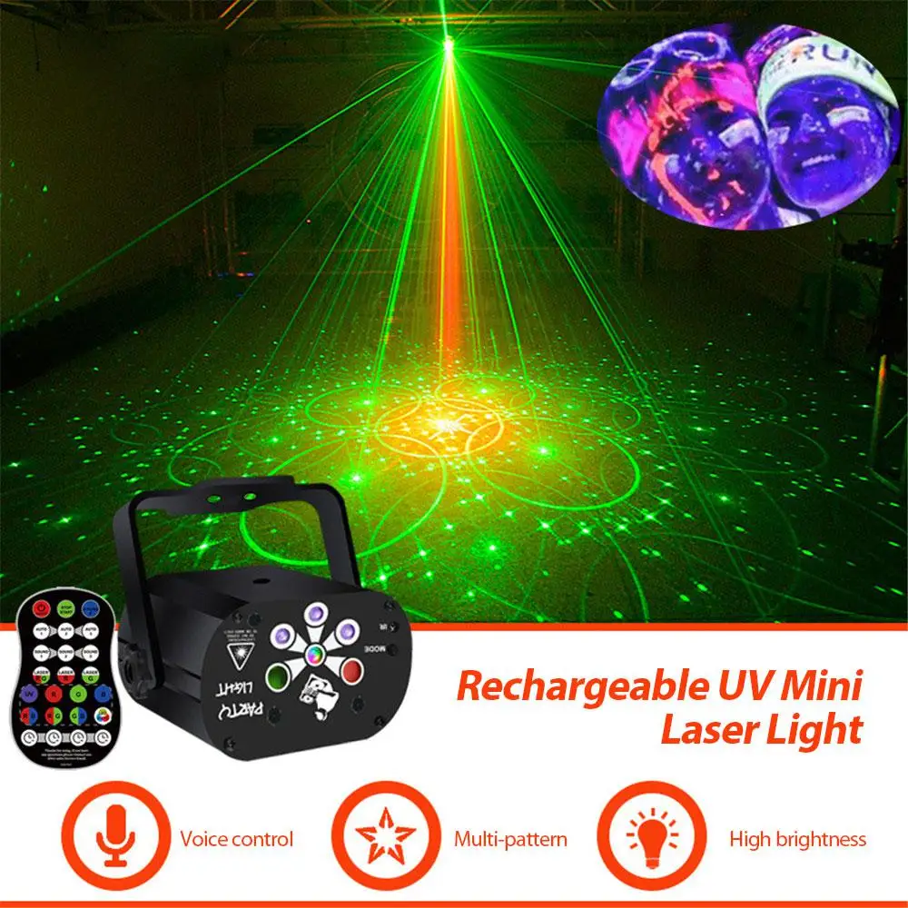 

Миниатюрный RGB-проектор для дискотеки, сценическое освещение с аккумулятором USB, светодиодный лазерный прожектор для сцены с голосовым управлением, освещение для свадьбы, дня рождения