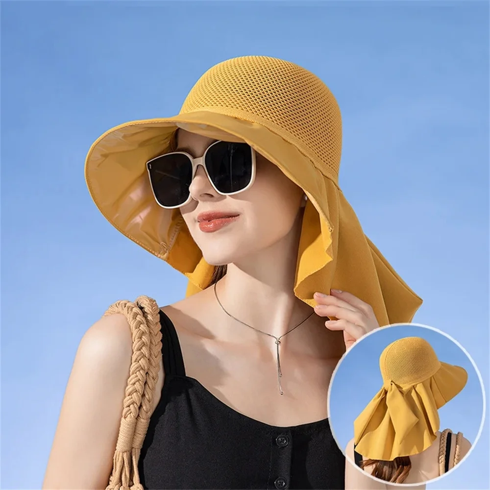 

Summer Women Bucket Hat With Shawl Lightweight Breathable Mesh Face Neck Protection Sun Hat Bow Pleat Design Travel Beach Cap