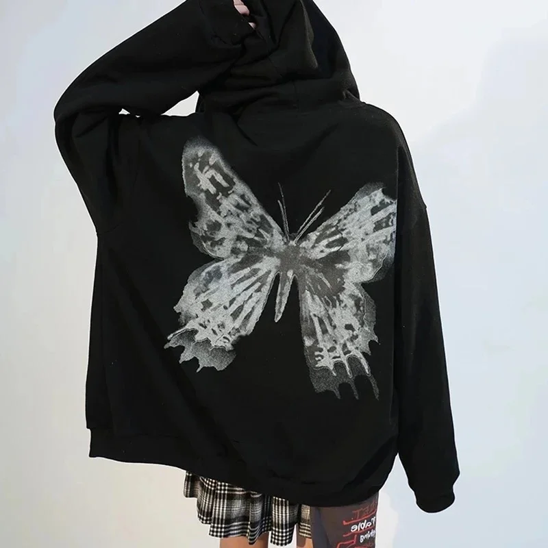 

Hoodies Women New Harajuku Coat Hooded Retro Print Loose Coat Cotton Zipper Korea Letter Pocket Long Sleeve Embroidery