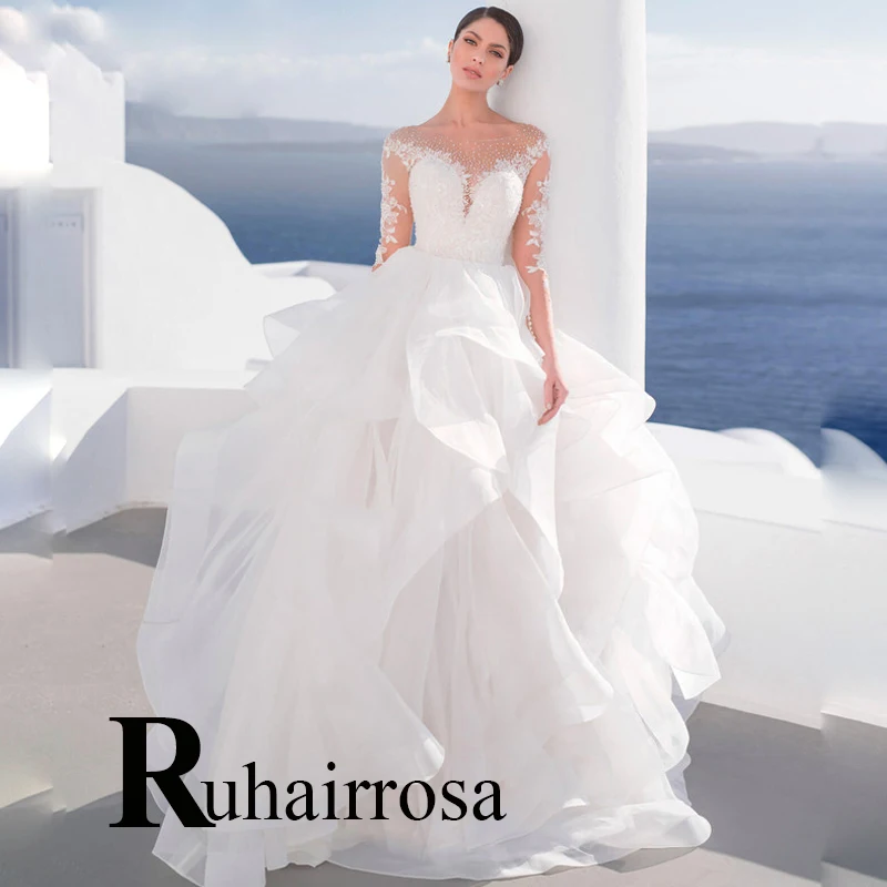 

Ruhair Wedding Dresses For Women Botton Tiered Illusion Sparkle Beading Appliques Lace V-Neck Robe De Mariée Formal Brides Gown