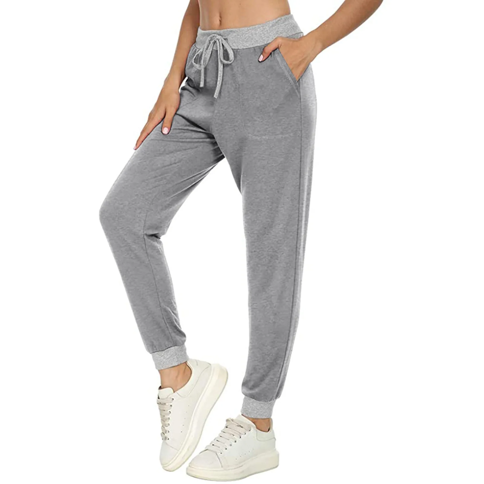 2022 Women's Loose Casual Sports Jogging Solid Color Pocket Stitching Drawstring Trousers Sweatpants Women