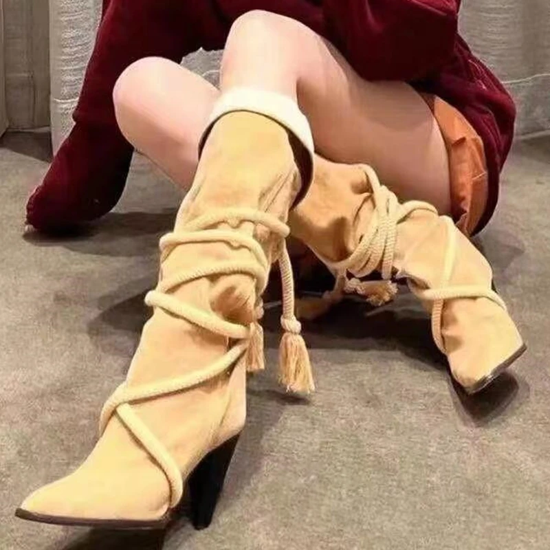 Soft Suede Leather Short Boots Autumn Winter Daily Shoes Spike High Heel Women's Knee high Boots Cross Rope