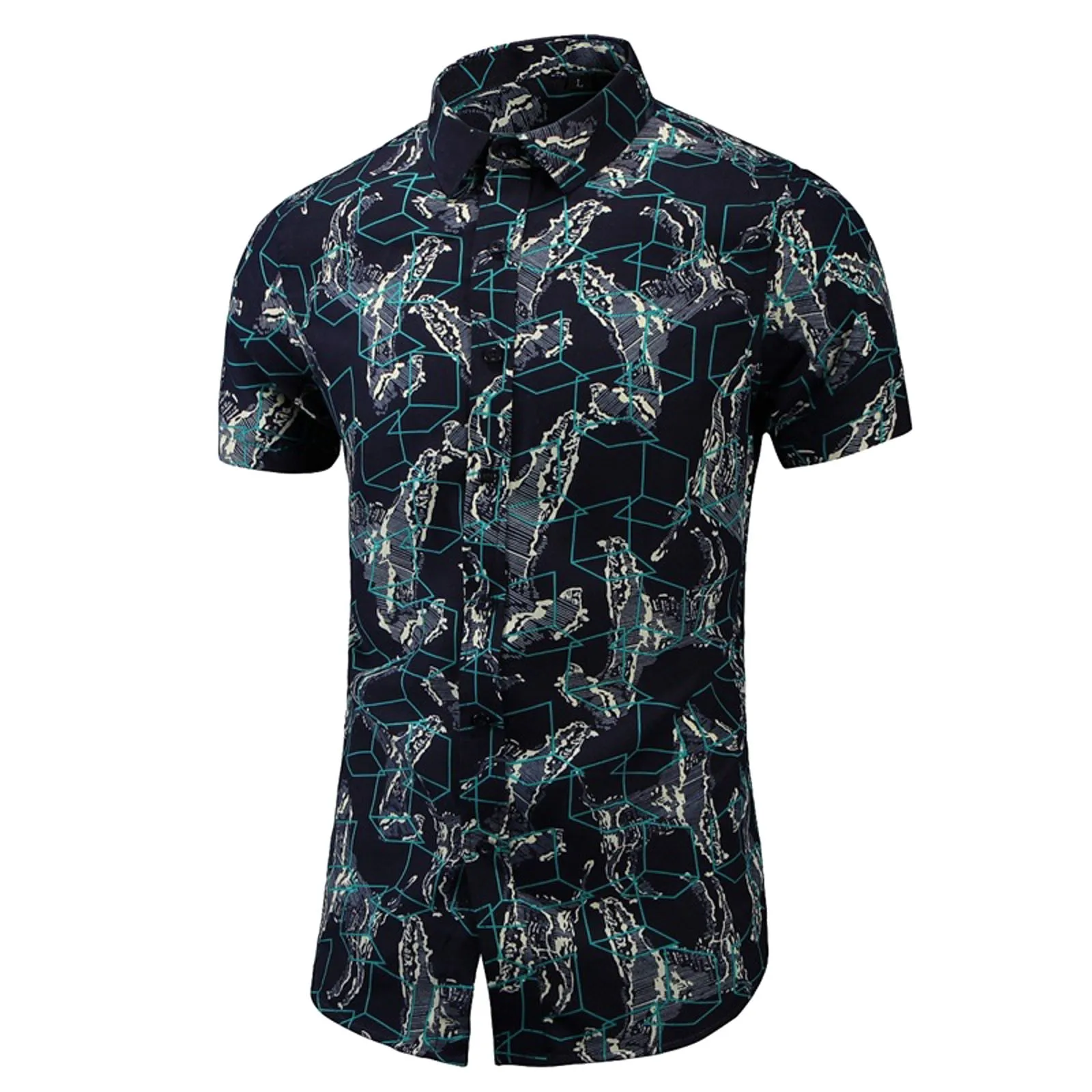 

Summer New Mens Slim Print Short Sleeve Shirt Fashion Casual Beach Polyester Shirt Holiday OL business shirt Tops