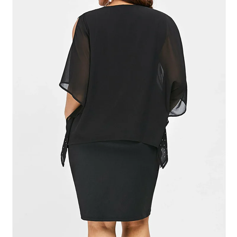 Hot Drill Hollow Out Black Fashion Summer Clothes for Women V-Neck Patchwork Flying Sleeve Pullover Plus Size Irregular Dresses