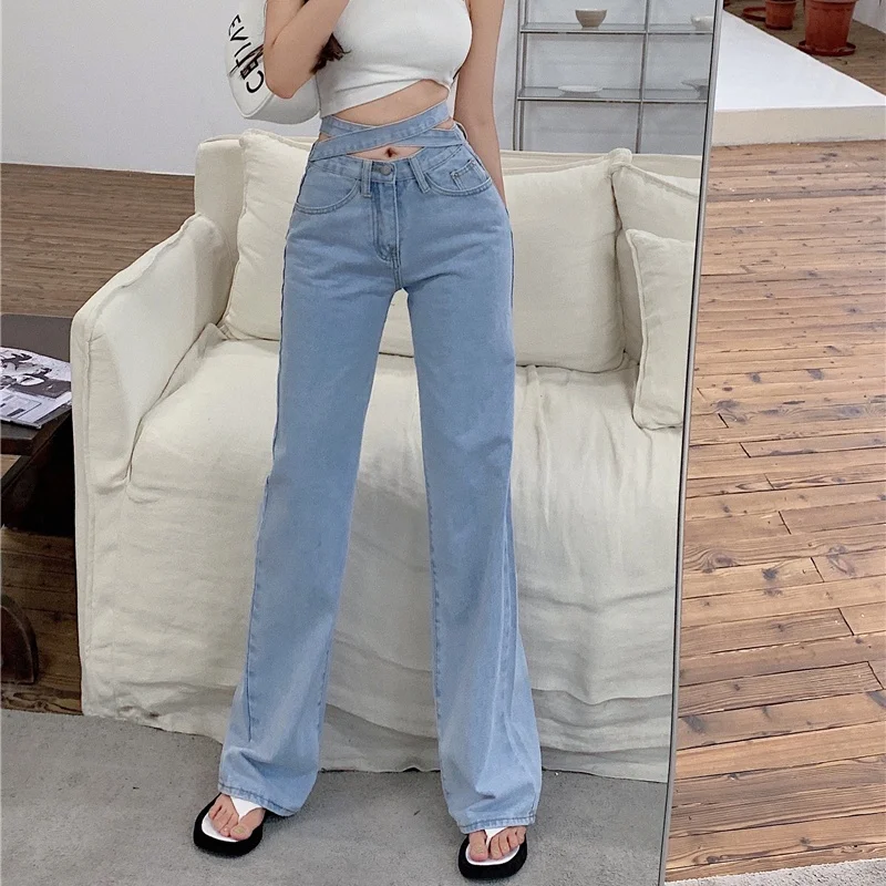 Women Vintage Washed Wide-leg Pants Fashion Cross Lace-up High Waist Jeans Korean Streetwear Blue Lady Denim Trousers Classic