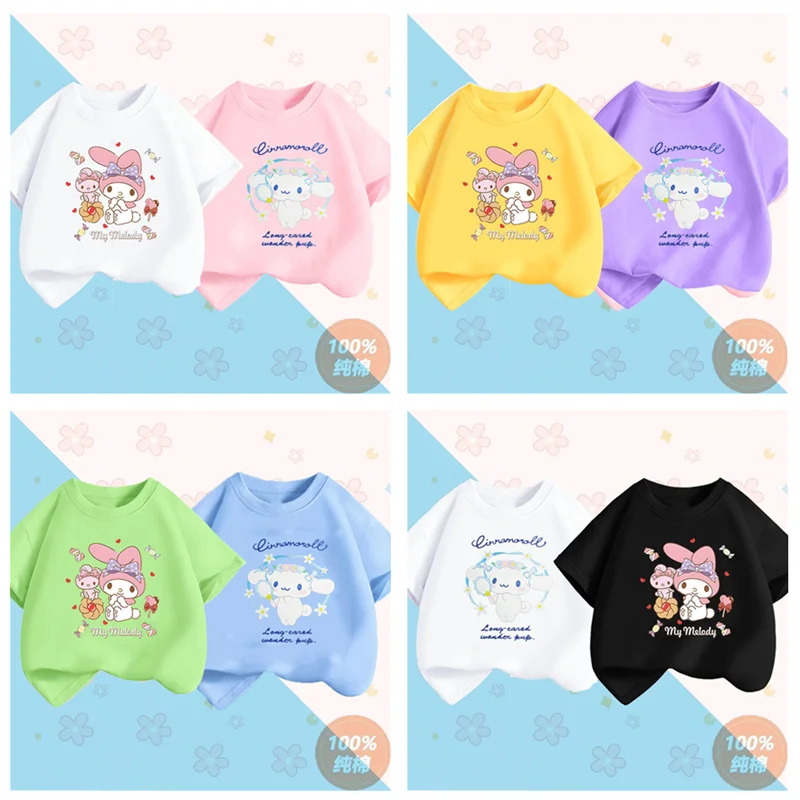 

Summer Kuromi Cinnamoroll Melody Children T Shirt Sanrio Anime Cartoons Casual Clothes Girl Boy Pure Cotton Short Sleeve Tops