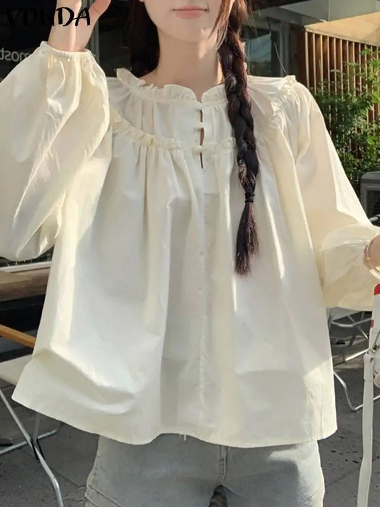 VONDA женская блузка 2024 осенние однотонные повседневные свободные рубашки с