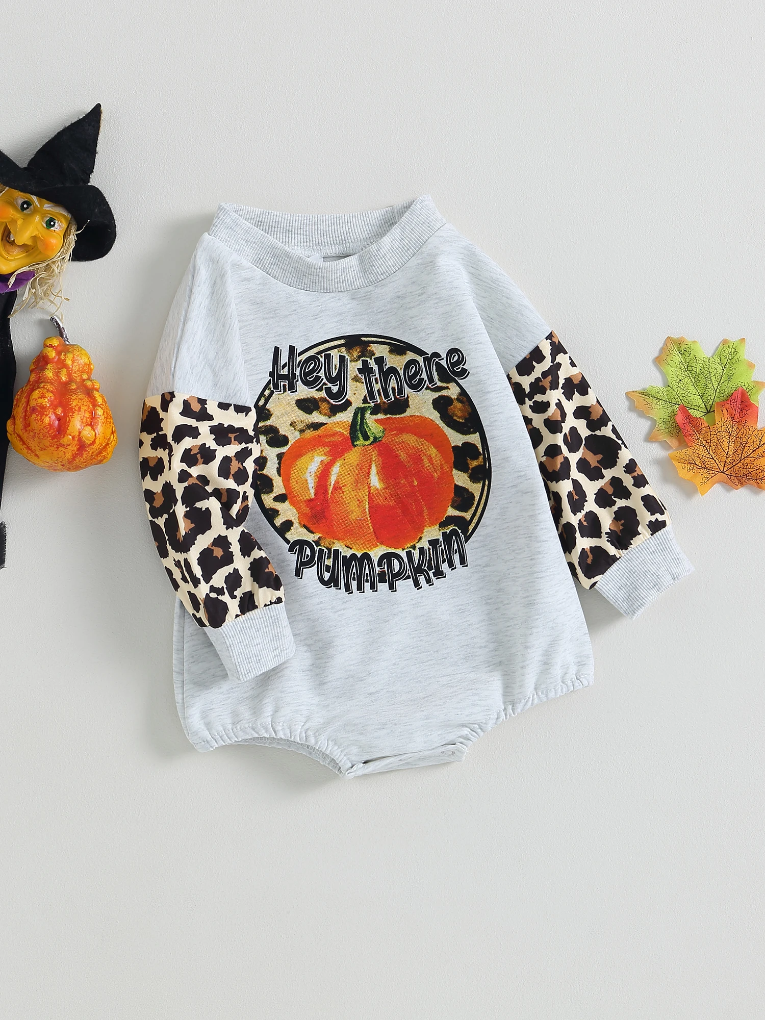 

Amiblvowa Natural Halloween Baby Clothes Hey There Pumpkin Leopard Print Sweatshirt Romper Newborn Girl Boy Outfit (Gray
