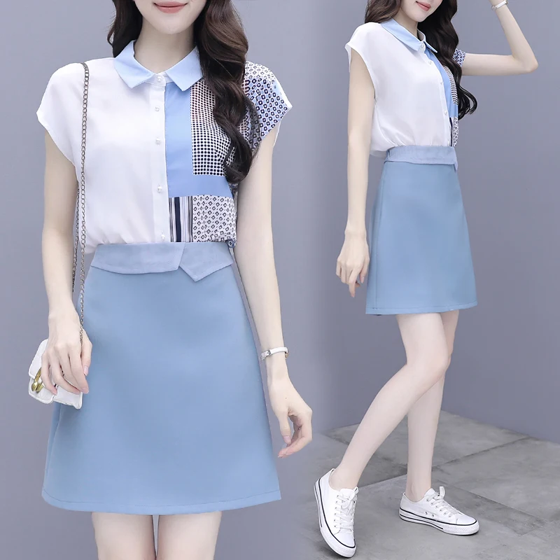 

2022 Women Two Piece Set New Fashion Summer Blue Office Professional Wear Lapel Short Sleeve Shirt Tops + Mini Skirt Set