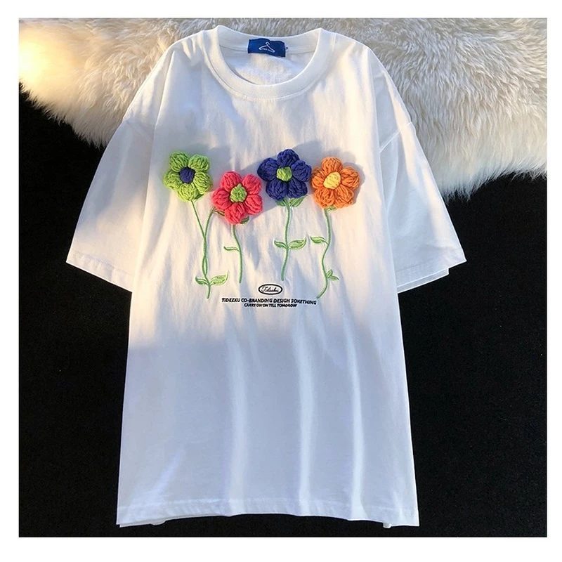 

Summer New Oversized Casual Women's Clothing3D Flower Decoration Short Sleeve T-Shirts Ladies Fashion Tops Loose Tee Shirt
