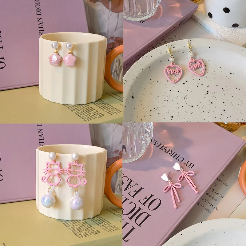 

KADRUFI Women Cute Lucky Pink Heart Pearl Bow-knot Butterfly Dangle Earrings Flower Sweet Stud Earring Party Wedding Jewelry