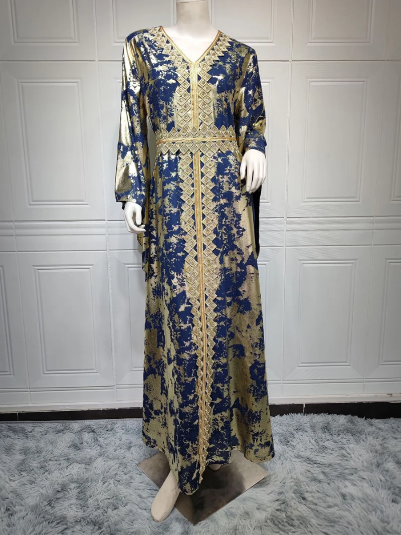 Luxurious Women's Jalabiyat Moroccan Kaftan Abaya Dubai Print V-Neck Guipure Lace Tape Belted Dress Islamic Dresses For Women