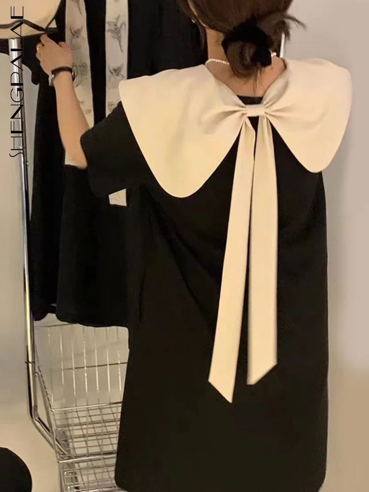 

SHENGPAIAE 2022 New Female Dresses Patchwork Peter Pan Collar Contrast Color Loose Wasit Short Sleeve Knee-length Dress 5Q495