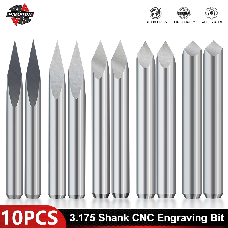 10pcs 3.175mm Shank 3 Edge Engraving Bit Set Tip 0.1mm 20/30/45/60/90 Degrees Carbide PCB Machine Router Bit 3D CNC Milling Bits