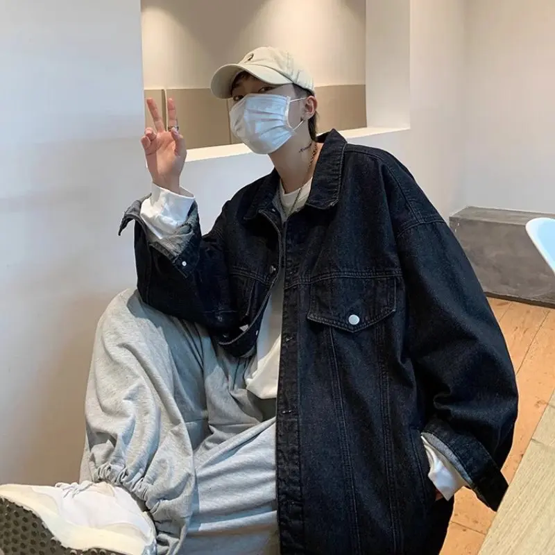 American vintage Denim coat Men's Autumn and Winter High Street Pu Shuai Lapel Cargo Jacket Fashion Brand Loose Couple Top