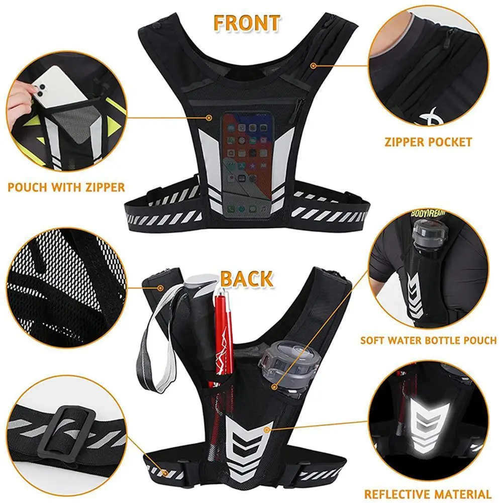 

Reflective Running Backpack With Water Bottle Bag Mesh Breathable Universal Sport Running Vest Mobile Phone Cards Bags