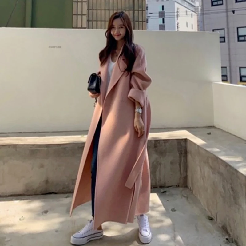 

Women's Medium Long Loose Side Slit Wool Tweed Coats Autumn and Winter 2023 South Korean Ins Double-sided Cashmere Windbreaker