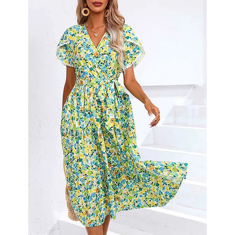 

Bohemia Floral Print Ruffles Vintage Dress 2023 New A-line Petal Sleeve Sashes Women Dress Elegant Party Dress Summer Sundress