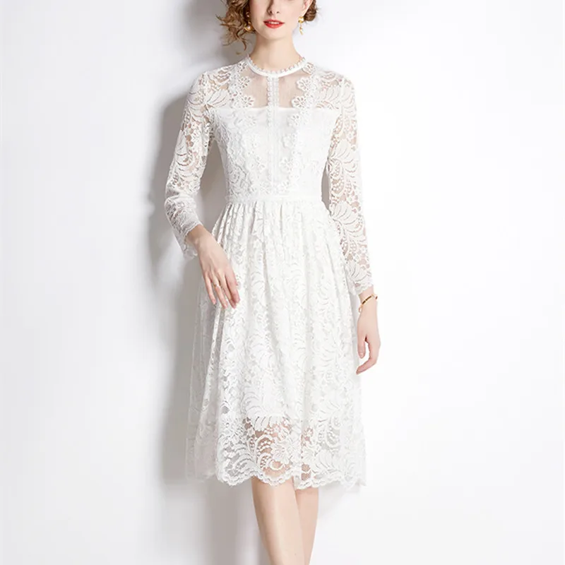

Autumn New Hollow Out Lace Solid Color Dress Wrist Sleeve Patchwork Mesh Round Neck High Waist Women Elegant Vestidos