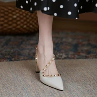leather womens shoes popular baotou sandals 2022 new womens middle and pointed empty heels of summer rivets high heels