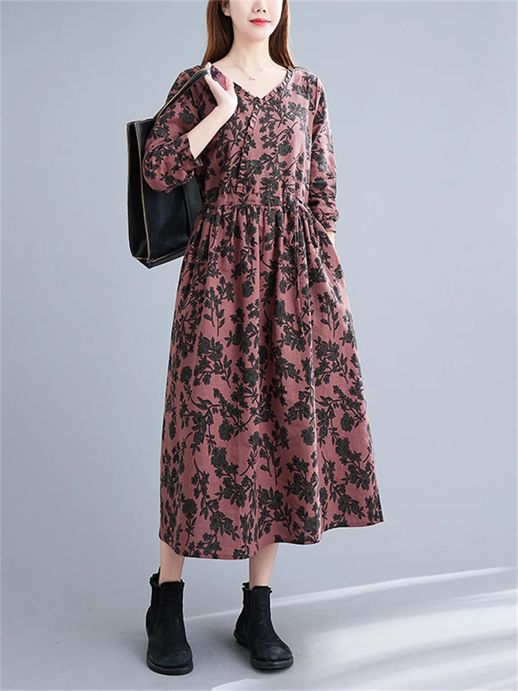 Женское Хлопковое платье с V-образным вырезом длинным рукавом и цветочным