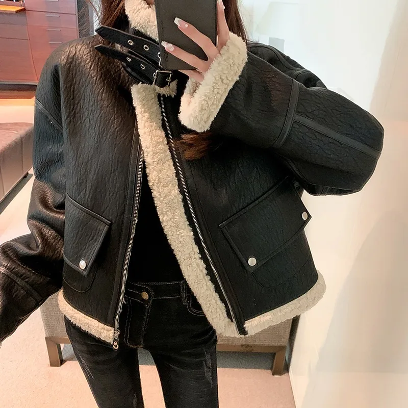 Women High Quality Black Motorcycle Jacket Thermal Padded Warm Parkas Short Design Lamb Fur Flight Coat black korean brown