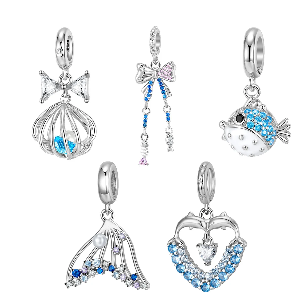 Pandora-Accessoires de bijoux en argent 925 pour femmes, bracelet de bricolage, pendentif Blue Nette Ocean Series, doux et romantique
