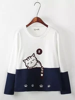 cartoon cat embroidery sweatshirts women o neck long sleeve animal pullovers autumn winter warm color matching tops streetwear