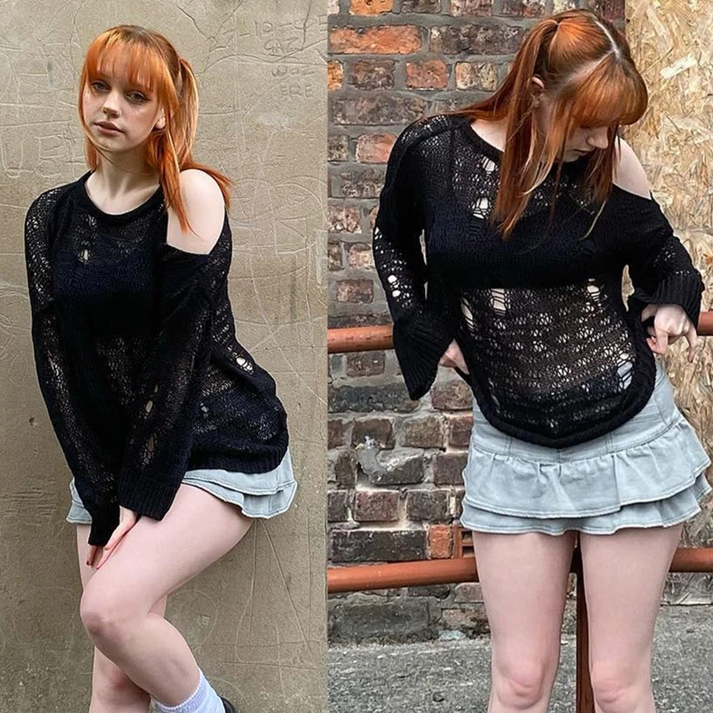 

Womens Off-The-Shoulder Cropped Knit Top Long Sleeve Crochet Hollow Out Crew Collar Pullovers Sweater Crop Tops