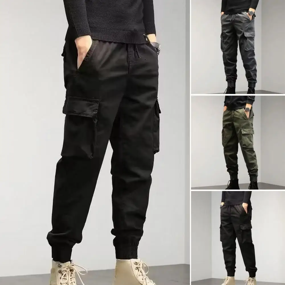 

Drawstring Cargo Pants Versatile Men's Cargo Pants Multiple Pockets Elastic Waist Solid Color for Spring Autumn Streetwear