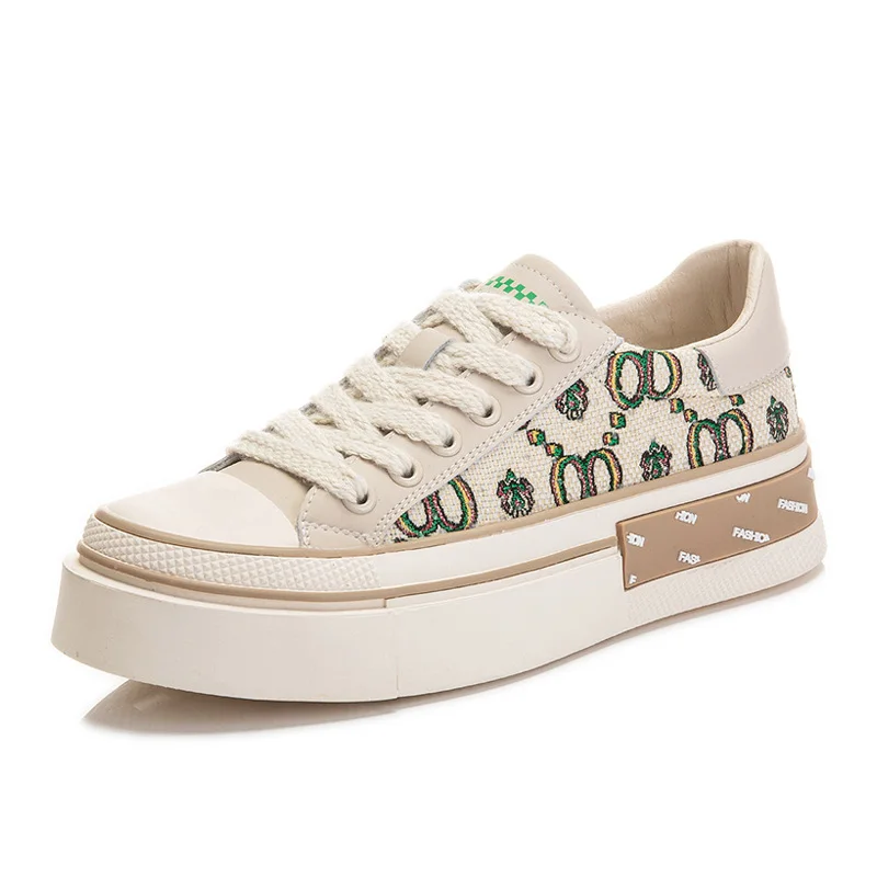 

Women Cow Genuine Leather Printed Sneakers Rhinestones Silk Veneer Lace-up Flats Comfy Soft Soled Casual Ladies Vulcanized Shoes