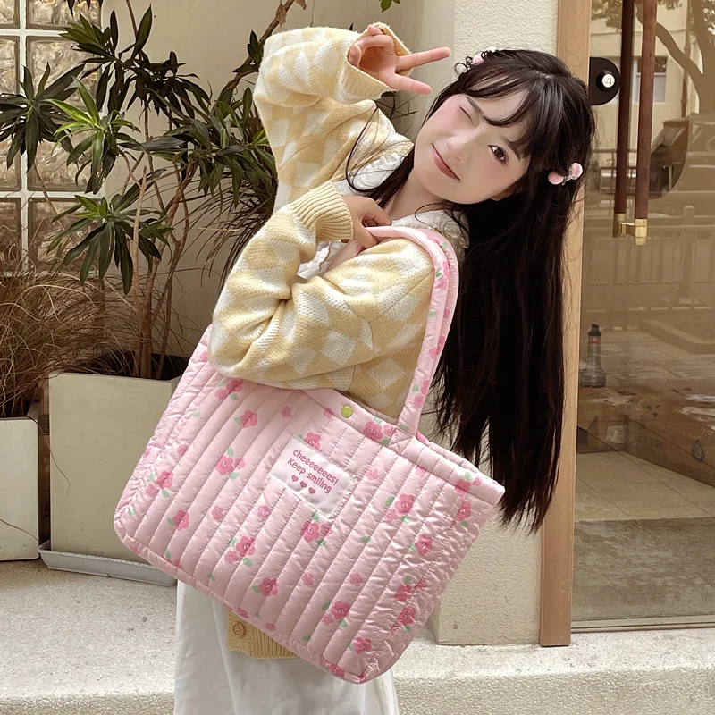 

Korean Shoulder Tote Bag for Women 2023 Large Student Cloth Woman Shopper Fashion Designer Female Handbags Cotton-filled Down