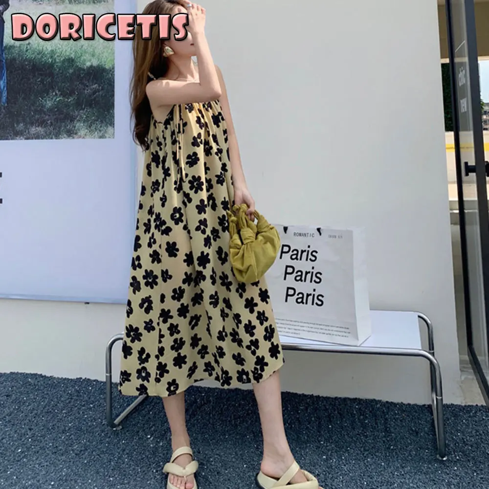 

Maternity Dress Fashion Floral Print One Word Collar Suspender Skirt Summer New Women Loose Soft Medium Dress Maternity Clothes