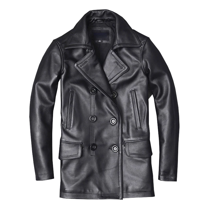 

New Men's Genuine Leather Jacket Male Cowhide Overcoat Autumn Winter Business Coat Trench Style Double Breasted Clothes Calfskin